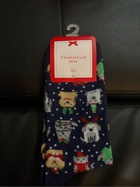 Charter Club Navy Holiday Dog Novelty Socks new